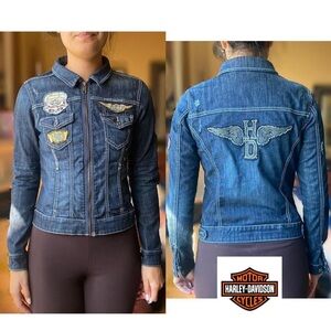 cute y2k Harley Davidson patchwork denim jacket